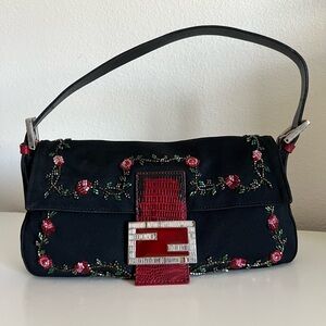 Fendi Lizard Trimmed Neoprene Crystal Beaded Baguette🌹